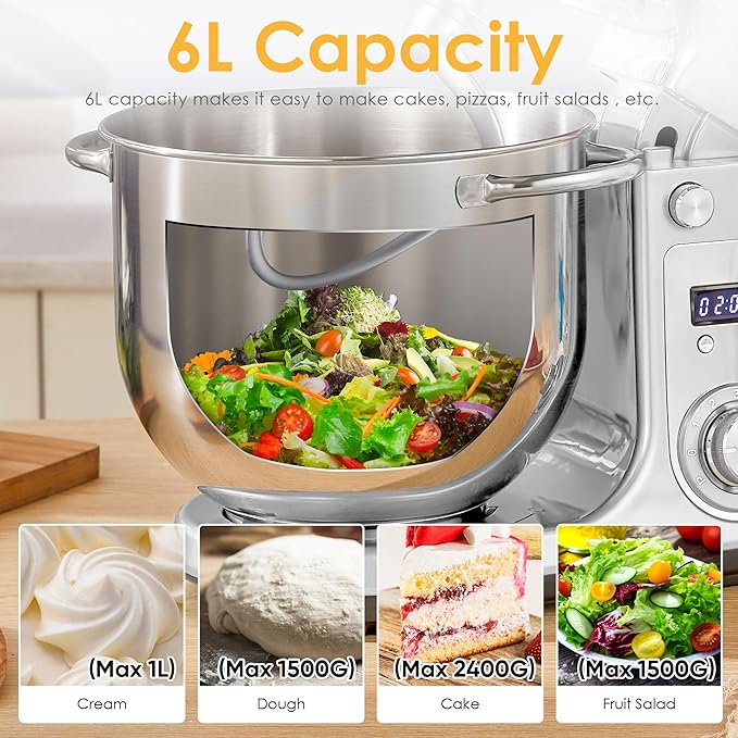 Biolomix Kitchen Electric Stand Mixer, 6 Speed Tilt Head Food Mixer with 6.5 QT Stainless Steel Bowl, Dough Hook, Flat Beater, Whisk and Anti Splash Cover (6.5 QT, Light Silver)