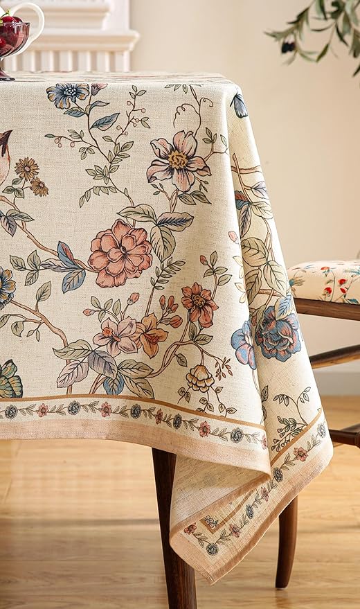 ISAENNE Designer French Light Beige Table Cloth for Rectangle Table,Linen Florals and Birds Pattern Tablecloth,Durable Decorative Tablecloths for Dining Thanksgiving Kitchen,55"*79"-Cornucopia