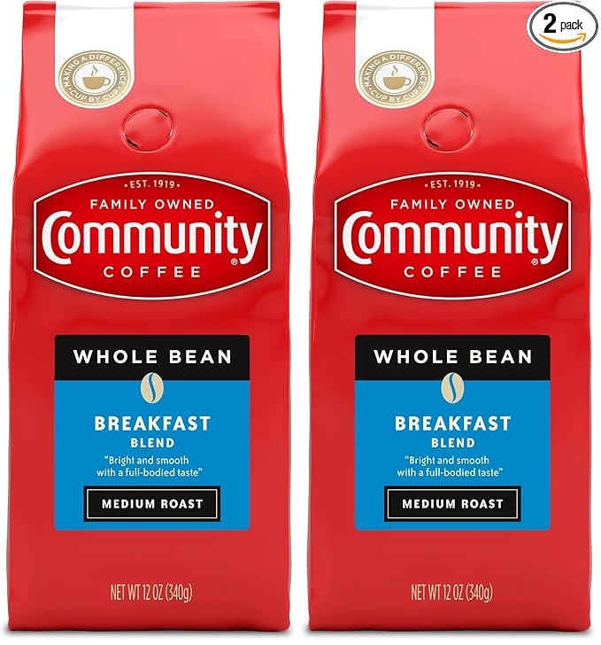 Community Coffee Breakfast Blend Whole Bean Coffee, Medium Roast, 12 oz Bag (Pack of 2)