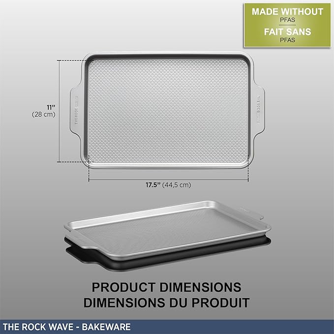Starfrit The Rock Wave 28x44.5cm (11"x17.5") Non-Stick Large Cookie Sheet - Durable Carbon Steel - Oven Safe - PFOA Free - Easy to Clean - Grey