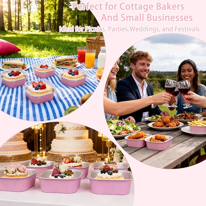 200 Pack 10 oz Pink Square Mini Cake Pans with Lids, Mini Loaf Pans with Lids, Aluminum Foil Square Brownie Baking Cups for Ramekins Muffin Cupcake Wedding Birthday Party