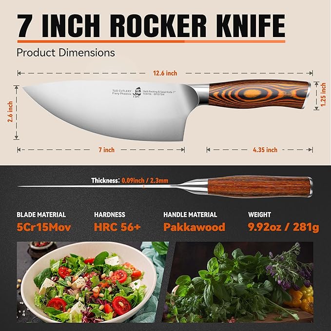 TUO Rocker Knife, 7 inch Salad Chopper Chef Knife for Herb Rocking and Veggie Chopping, Vegetable Cleaver in High Carbon Steel with Ergonomic Handle - Fiery Phoenix Series