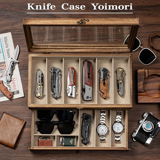 Knife Display Case, 2-Layer Pocket Knife Case Display & Storage Knives, Solid Wood Knife Case for Collections, Gift for Boyfriend Fathers Day Birthday Gifts(Brown)