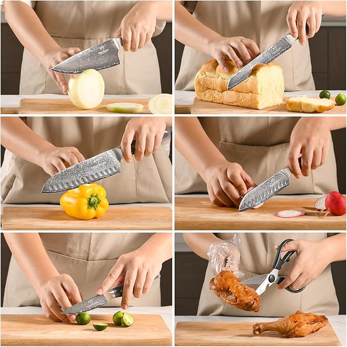 Damascus Knife Set with Block for Kitchen, VG10 Damascus Steel Kitchen Knife Set with Triple Rivet Handle, Chef Knife Set with Shears & Wooden Block, 7PCS