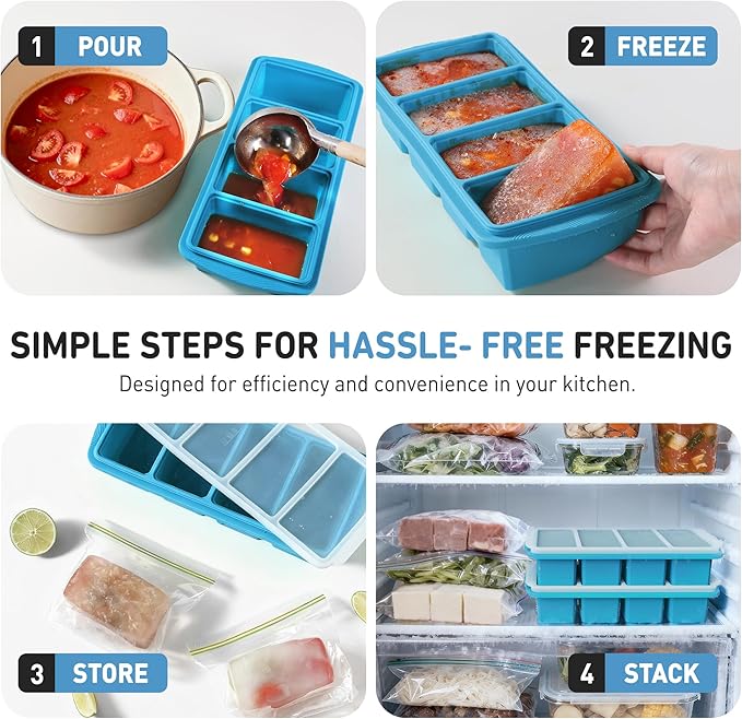 Silicone Freezer Tray with Lid Soup Freezer Container Molds with Steel Reinforced Rim for Freezing Soup Sauce Broth Leftovers large Ice Cube Molds Oven Dishwasher Safe Ice Trays for Freezer with Bin