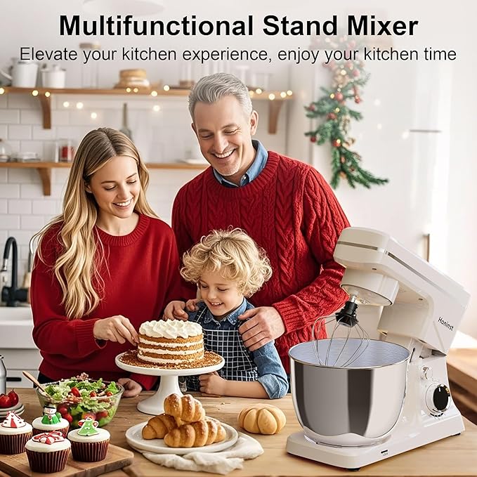 Stand Mixer, 10-Speed Kitchen Electric Mixer, 6QT Food Mixer with 8-in-1 Splash Guard, Dishwasher-Safe Dough Hook/Whisk/Beater/Spatula, Dough Mixers for Baking, Beige