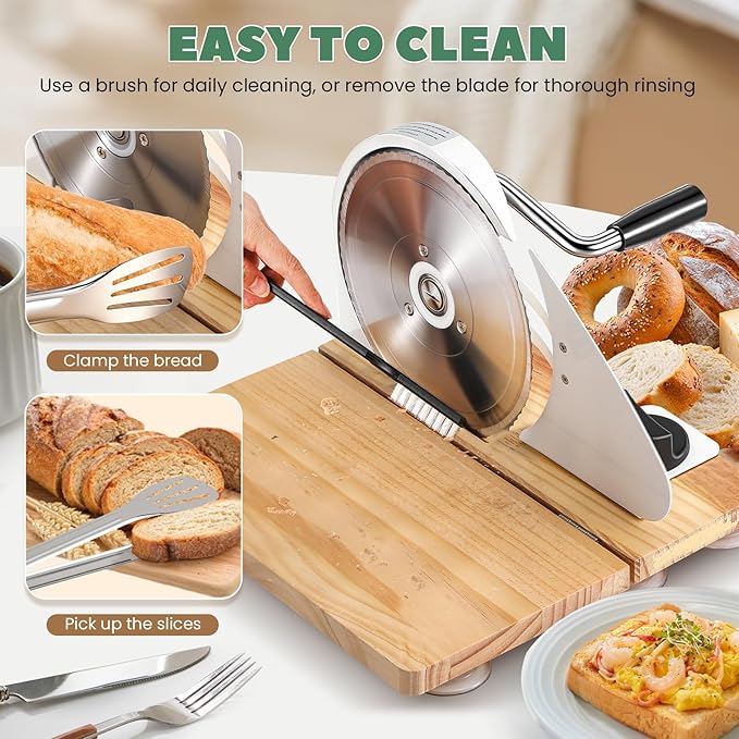Huanyu Manual Bread Slicer Upgrade Foldable Sourdough Cutter Versatile Hand Crank Slicers Stainless Steel Blade Adjustable Thickness with Scale Line&Suction Cup for Homemade & Commercial Use (White)