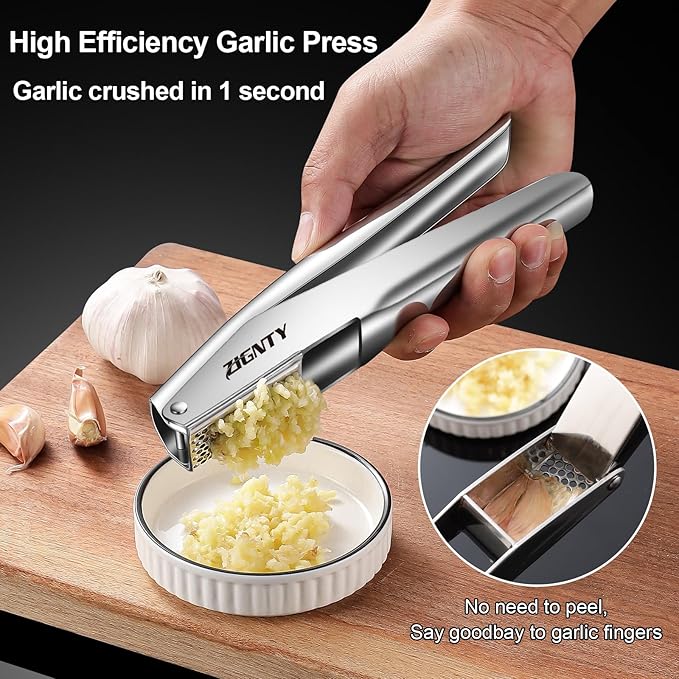 Garlic Press Stainless Steel，Professional Garlic Mincer Tool No Need to Peel，Dual Lever-Assisted Garlic Masher with Large Chamber，High Effective Garlic Crusher & Garlic Presser Dishwasher Safe