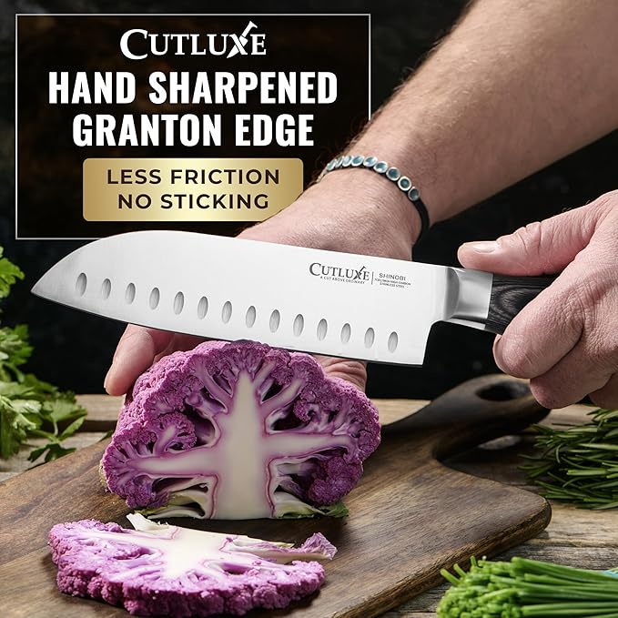 Cutluxe Santoku Knife – Ultra Sharp 7 Inch Vegetable Japanese Knife for Chopping, High Carbon Stainless Steel Blade, Full Tang Pakkawood Handle – Shinobi Series