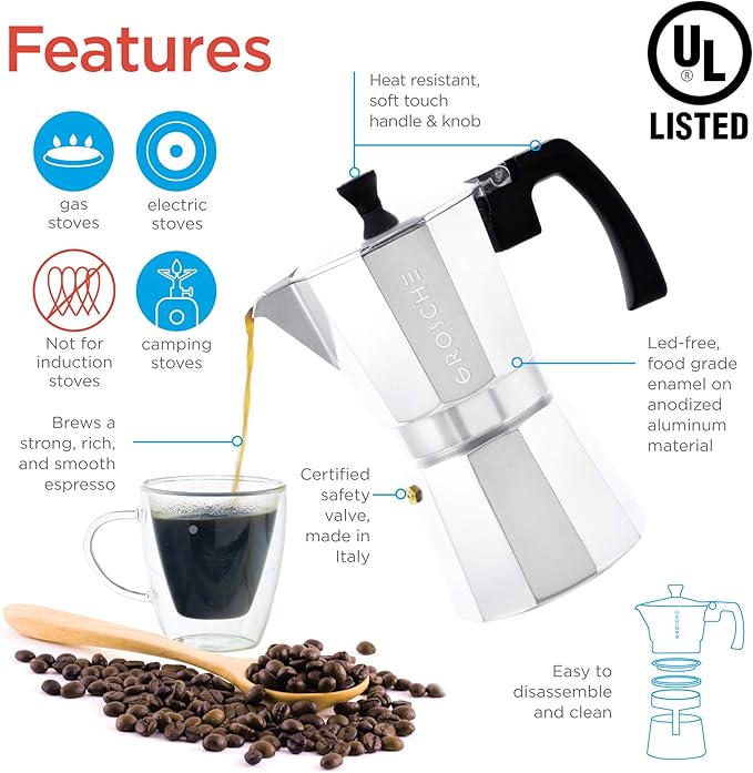 GROSCHE Milano Stovetop Espresso Maker Moka Pot 9 espresso cup, 15.2 oz, Silver Cuban Coffee Maker Stove top coffee maker Moka Italian espresso greca coffee maker brewer percolator