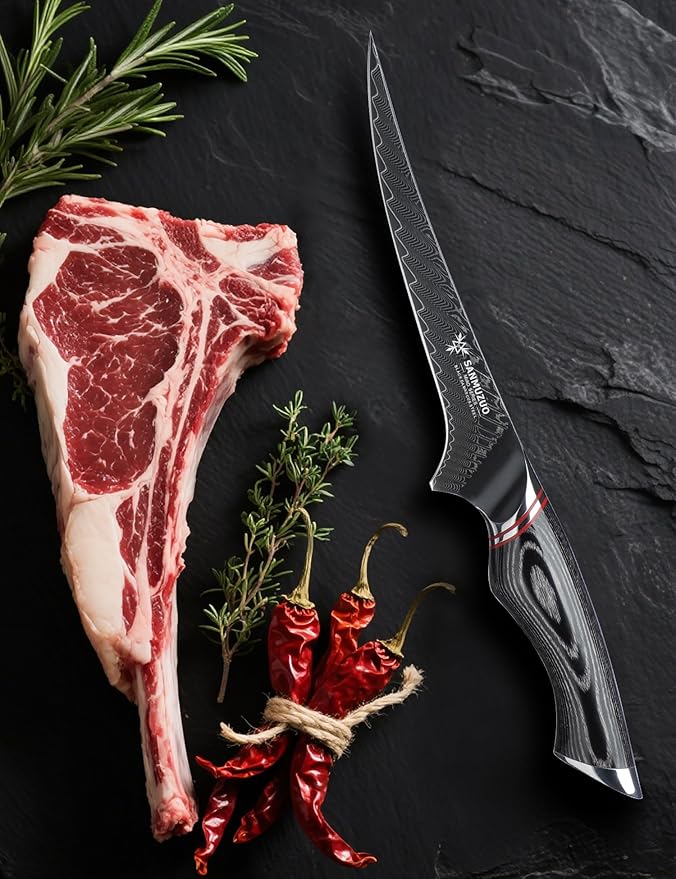 7 Inch Fillet Knife - Professional Kitchen Boning Knife - Black Damascus Steel with Ergonomic Handle - MIAO Series
