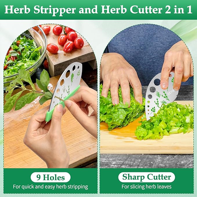 Herb Stripper 9 holes, Luxiv Stainless Steel Kitchen Herb Leaf Stripping Tool LooseLeaf Kale Razor Metal Herb Pealer for Kale, Chard, Collard Greens, Thyme, Basil, Rosemary (1 pack) (2, green)
