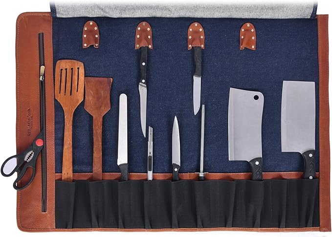 Leather Knife Roll Storage Bag, Elastic and Expandable 10 Pockets, Adjustable/Detachable Shoulder Strap, Travel-Friendly Chef Knife Case (Currant, Canvas)