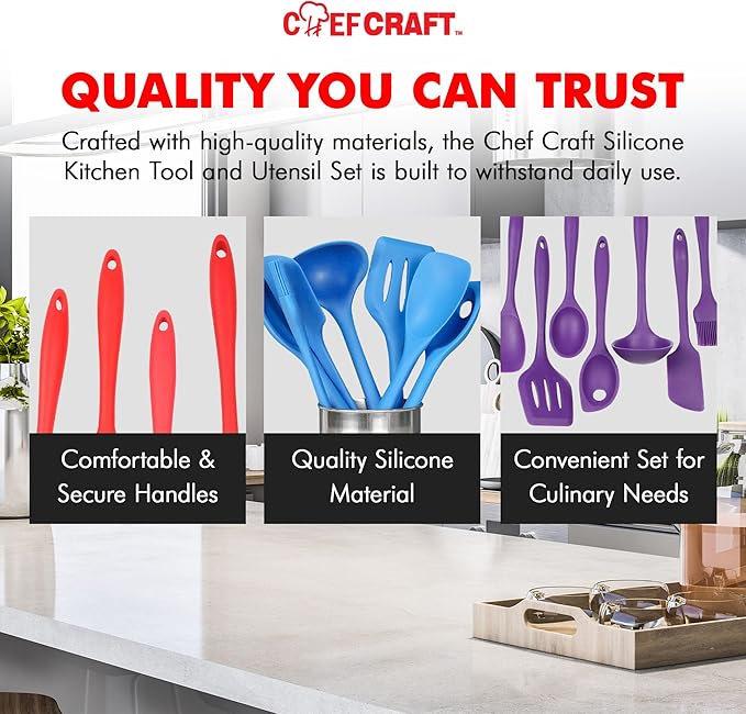 Chef Craft - Premium Silicone Kitchen Tools and Utensils Set, Non-Scratch, Withstands Temperatures up to 450°F, BPA-Free, 7 Piece Cooking Utensils Set, Pink