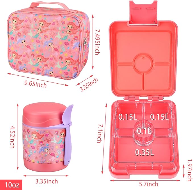 Bento Lunch Box Set for Kids with 10oz Soup Thermo, Leak-Proof Lunch Containers with 4 Compartment, Kids Thermo Hot Food Jar and Insulated Lunch Bag for Kid to School,BPA-Free(Mermaid)