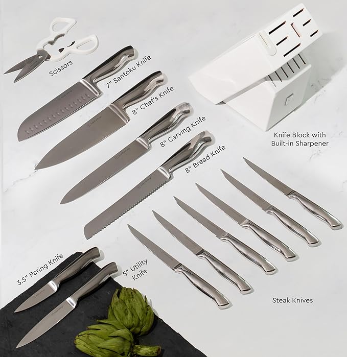 Styled Settings Stainless Steel Knife Set with Built In Sharpener - 14 Piece Ultra Sharp, High Carbon Stainless Steel Kitchen Knife Set Includes White Knife Block with Sharpener Built In