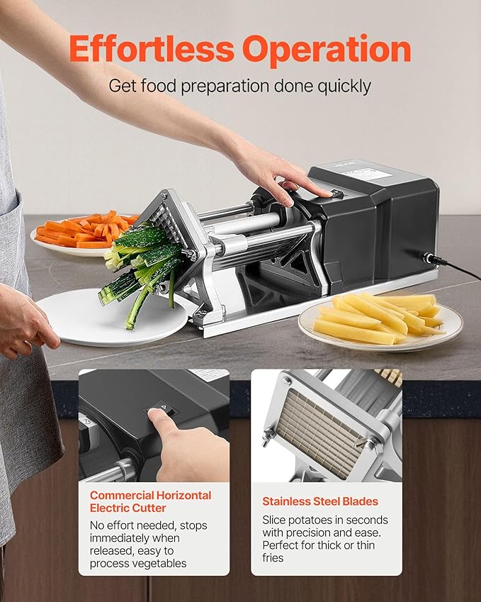 VEVOR Commercial French Fry Cutter, Stainless Steel Vegetable Fruit Chopper with 3 Replacement Blades 1/2-Inch 3/8-Inch 1/4-Inch, Electric Potato Slicer Dicer for Restaurants & Home Kitchen
