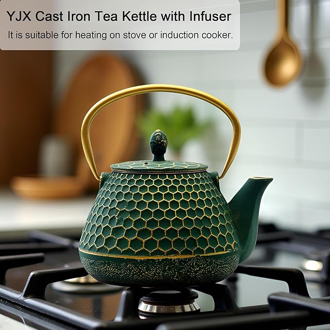 Cast Iron Tea Kettle, Japanese Tetsubin Teapot Coated with Enameled Interior, Durable Cast Iron Teapot with Stainless Steel Infuser for Stovetop Safe(1000ml/34oz)