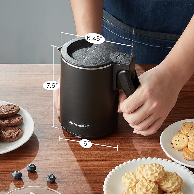 Elite Gourmet Dual Voltage 120-230V, Travel Double Wall Insulated Cool-Touch, 0.6L Electric Kettle Stainless Steel Interior, Hinged-Locking Lid, Auto Shut-Off, Boil Dry Protection, Black