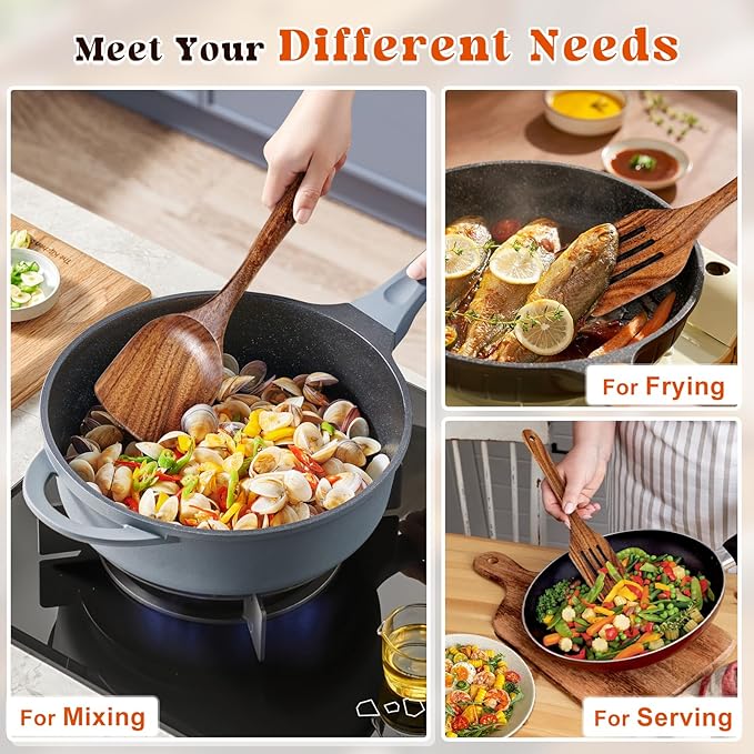 2Pcs Wooden Spatula, Acacia Solid & Slotted Turner Spatula Set, Long Handle Flat Frying Spatulas, Ideal Kitchen Gift for Mother and Grandma, Kitchen Utensils Set for Cooking, Frying, Baking