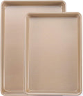 Cookie Sheets for Baking Nonstick, 2 Pack Heavy Duty 0.8mm Baking Sheet Pan Set Quarter(9x13in) & Jelly Roll(10x15in) with Diamond Texture, Gold Commercial Grade, Small Oven Safe