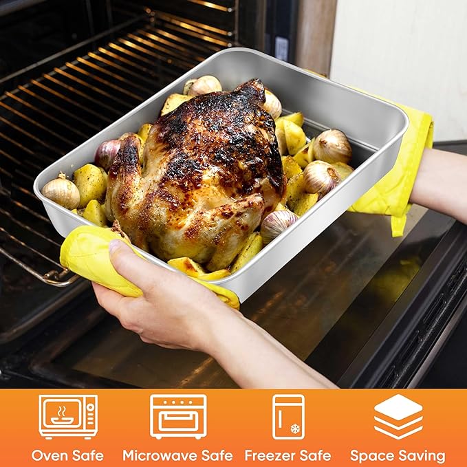 Herogo Rectangle Cake Pan Set of 2, 9 X 13 Inch Stainless Steel Baking Pan for Oven, Lasagna Brownies Casseroles Cakes Bakeware, Dishwasher Safe