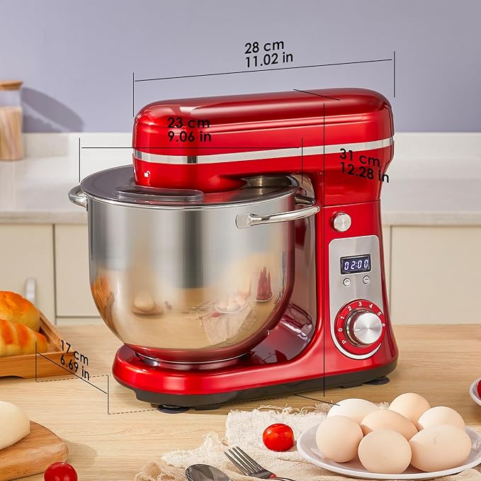 Biolomix Kitchen Electric Stand Mixer, 6 Speed Tilt Head Food Mixer with 6.5 QT Stainless Steel Bowl, Dough Hook, Flat Beater, Whisk and Anti Splash Cover, (6.5QT, Red)