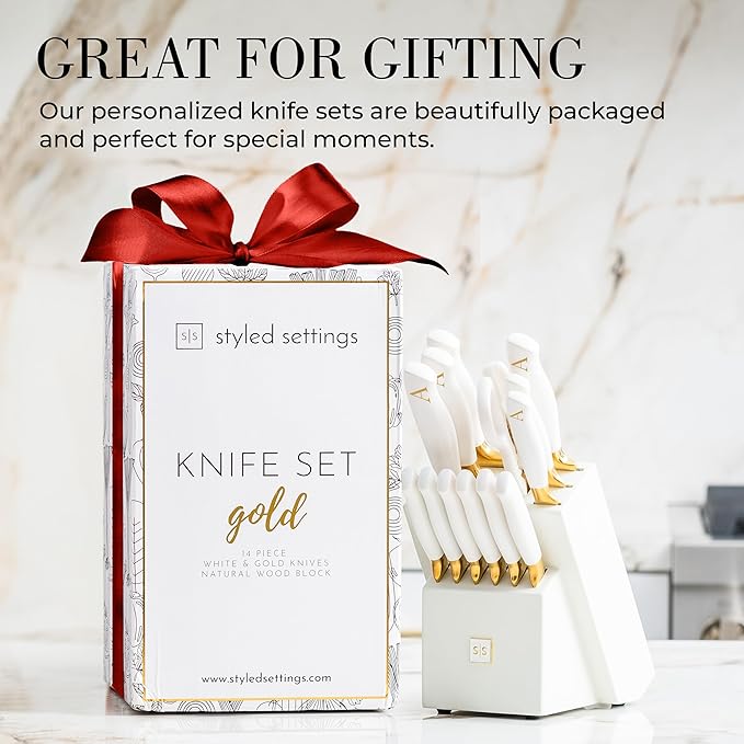 Personalized Gold Knife Set with Self-Sharpening Block – Make It Uniquely Yours with Custom Engraving on Luxurious White and Gold Knives – Personalized Gift for Weddings, Birthdays, Anniversaries