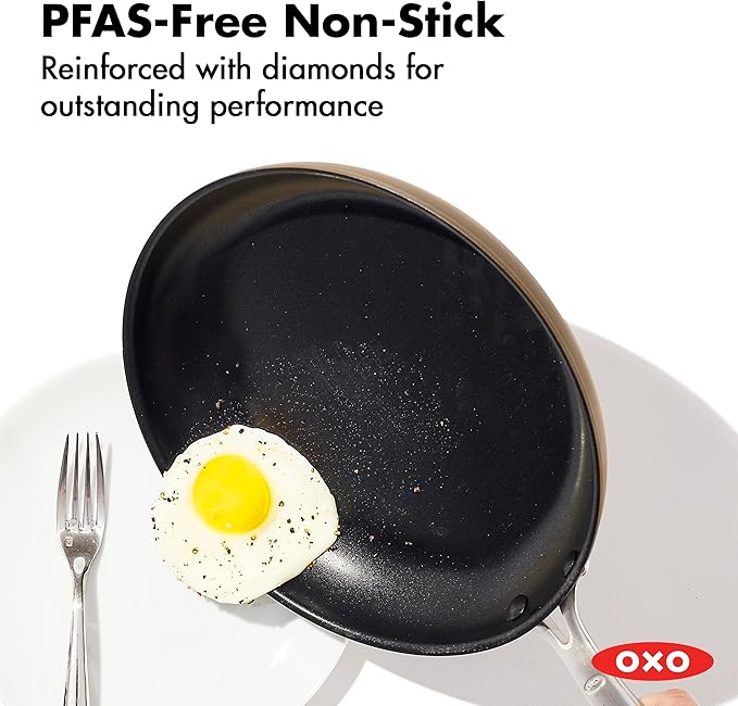 OXO Enhanced 10” Nonstick Frying Pan Skillet, Ceramic PFAS-Free Cookware, Stainless Steel Handle, Eggs & Omelets, Dishwasher & Oven Safe, Biscuit Brown