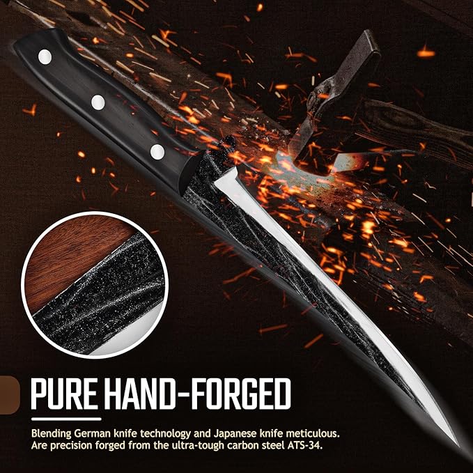 Huusk Fish Fillet Knife with Sheath - Hand Forged 7 Inch Boning Knives for Meat Trimming, Japanese Brisket Trimming Knives with Wooden Handle for Outdoor Camping, Gift for Men