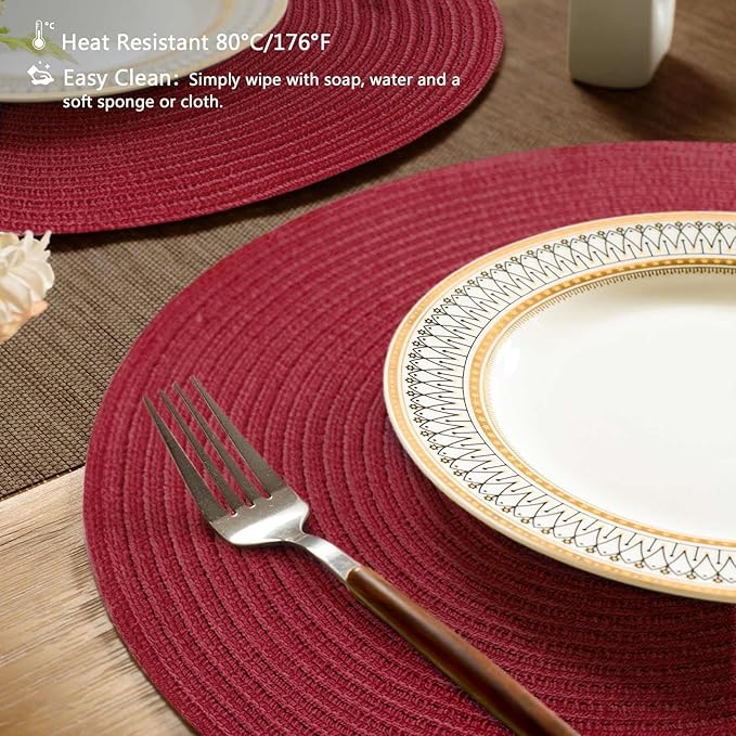 FunWheat Round Braided Placemats Set of 4 Place mats for Dining Tables Woven Heat Resistant Table Mats 15 inch (Wine,4pcs)