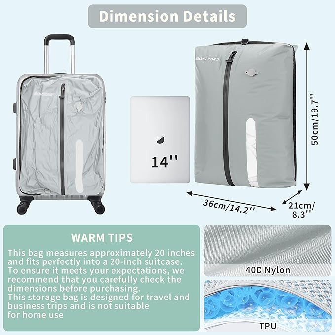 Vacuum Bag for Travel, Professional IPX8 Waterproof Reusable Vacuum Compression Bags for Travel Suitcases, Durable Space Saver Bag(2 PACK,With Pump)