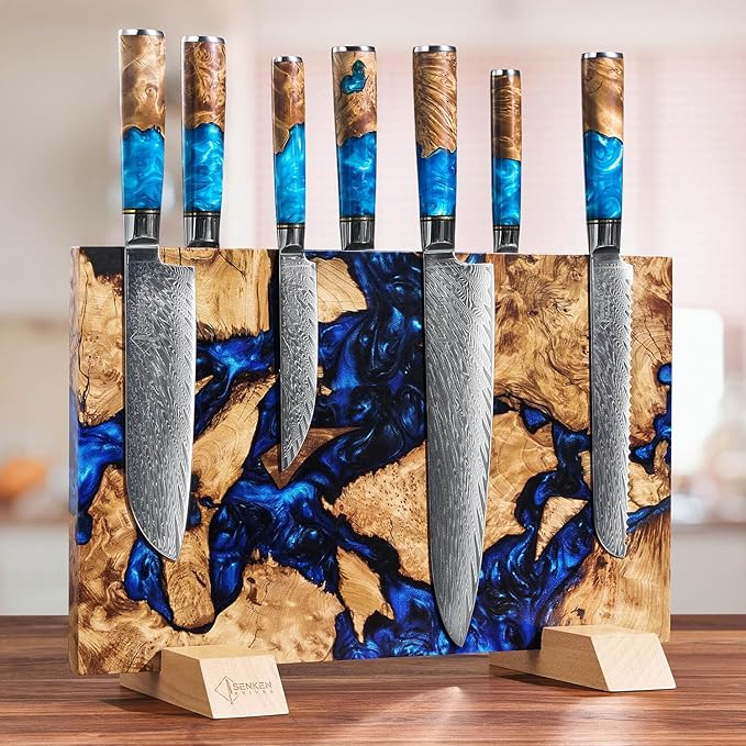SENKEN "Dark Tsunami" Extra Large Magnetic Knife Block - Holds Up to 16 Knives - Knife Block without Knives, Beautiful Dark Blue Resin & Burl Wood Blend Knife Holder ("Dark Tsunami " Blue Resin Blend)