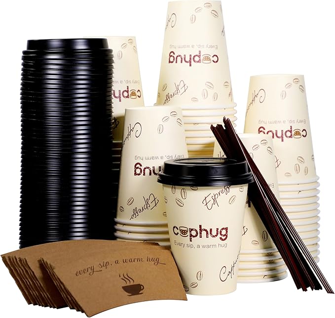 100 Pack 12 oz Coffee Cups,Disposable Hot Drink Paper Cups with Lids & Sleeves -12 Ounce Party Cups Perfect for Hot Beverages, Party, Office,and Home Use