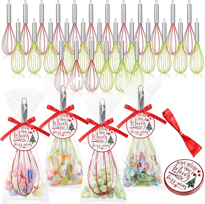 48 Sets 10 Inch Christmas Whisks Gifts DIY Fillable Christmas Tree Ornaments Xmas Colored Silicone Whisks for Cooking Heat Resistant Egg Beaters with Card Rope Bag for Candy Holder