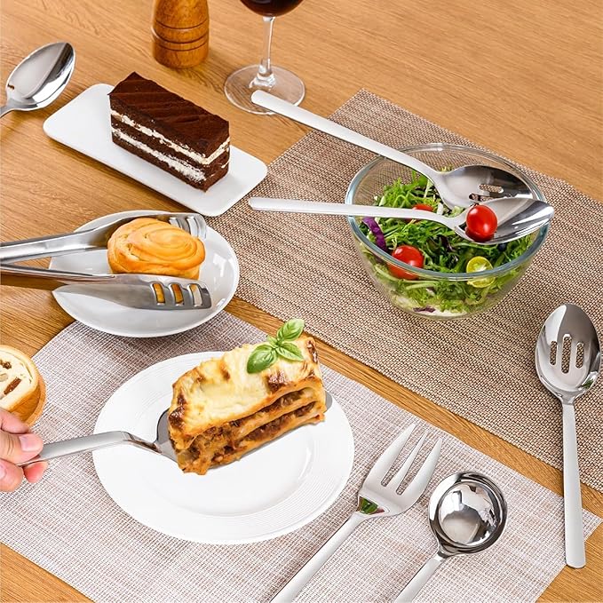 KINGSTONE Large Hostess Serving Utensils Set, 18/10 Stainless Steel -10 inch Serving Spoons, Slotted Spoons, Forks, Tongs, Cake Pie Server, Butter Knife, Sugar spoon for Buffet, Wedding, Party