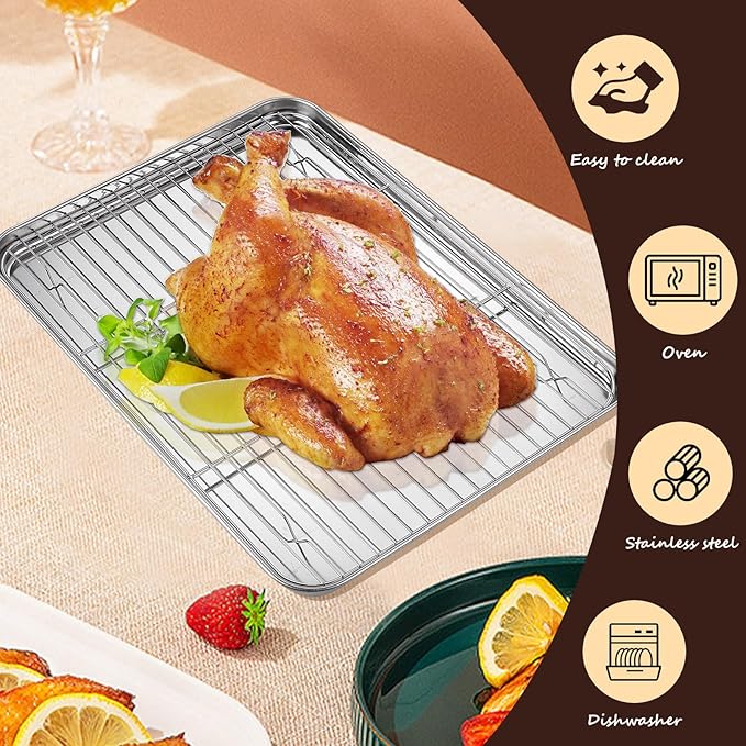 Baking Sheet with Racks Set [2 Sheets + 2 Racks], Stainless Steel Baking Sheets with Cooling Racks, Nonstick Pan, Warp Proof & Rust Proof & Easy to Clean, Size 16 X 12 X 1 Inch