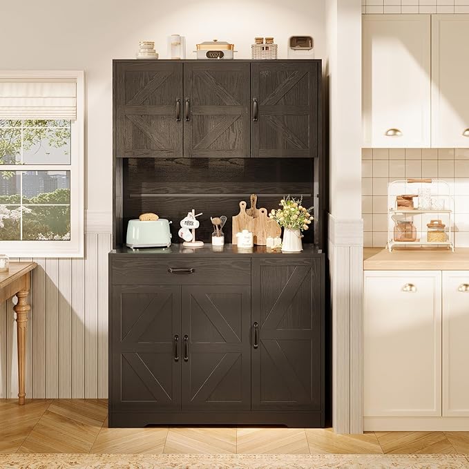 71" Kitchen Pantry Cabinet with Charging Station, Buffet Sideboard for Coffee Maker & Toaster, Storage Cabinet for Snacks, Spices & Wine, Fits Kitchen, Dining Room & Coffee Bar，Black wood grain
