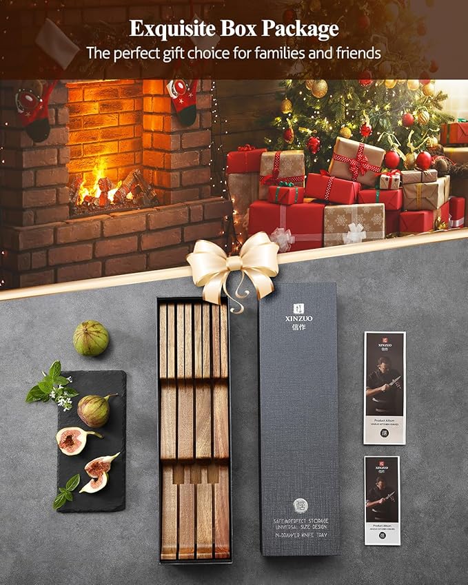 XINZUO In-drawer Knife Block, Natural Acacia Knife Drawer Oganizer, Insert-Kitchen Storage Holder, 7 Slots, Holds up to 7 Various Size Knives, Countertop Saving&Knife Protective