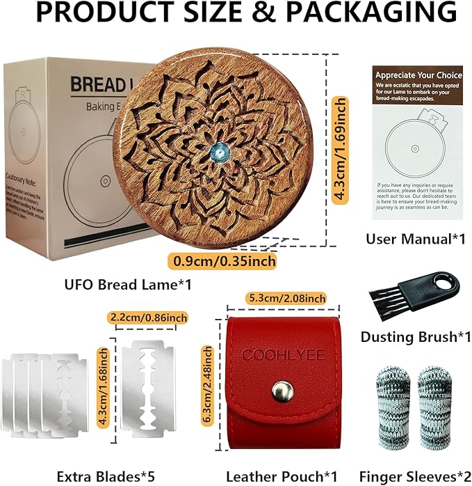 UFO Bread Lame Sourdough Scoring Tool - Dough Scoring Tool for Sourdough Bread baking & Bread Making Tool, Wooden Scoring Tool with 5 Razor Blades, Leather Storage Cover, Finger Sleeves, Cleaning Tool