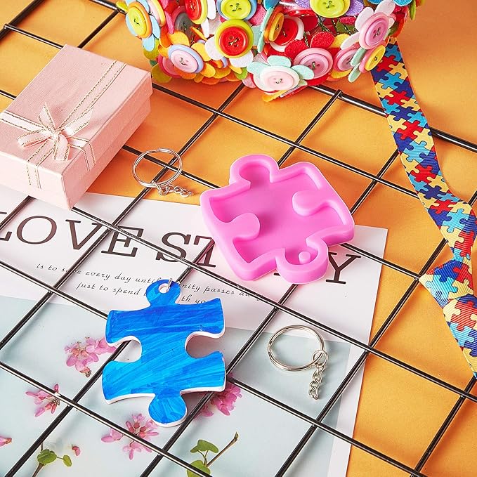 2 Pieces Puzzle Silicone Mold Handmade Puzzle Keychain Mold Silicone Baking Mold with Hole and 10 Pieces Key Rings for DIY Keychains, Chocolate, Cake, Pudding, Ice Cream, Jelly