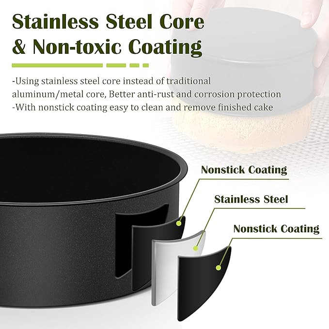 E-far 8 x 3 Inch Cake Pan Set of 3, Nonstick Stainless Steel Round Cake Pans Tin for Baking Birthday Wedding Layer Cakes, Stainless Steel Core & Non-toxic Coating, Deep & Straight Side