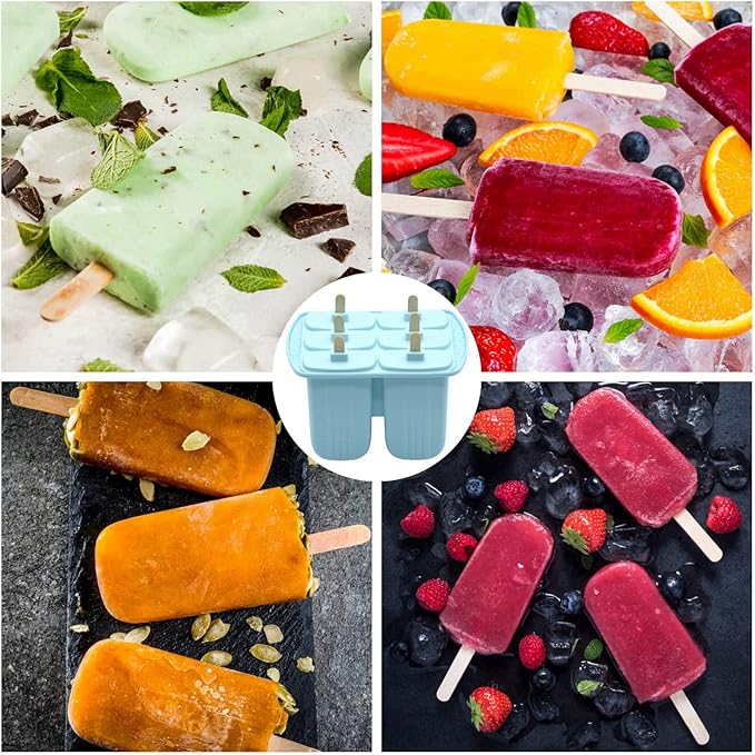 Bangp Popsicle Molds 6 Pieces,Silicone Ice Pop Molds BPA Free,Homemade Popsicle Maker,Reusable Easy Release Ice Pop Maker for Kids,with 50 Popsicle Sticks and 50 Popsicle Bags(Blue)