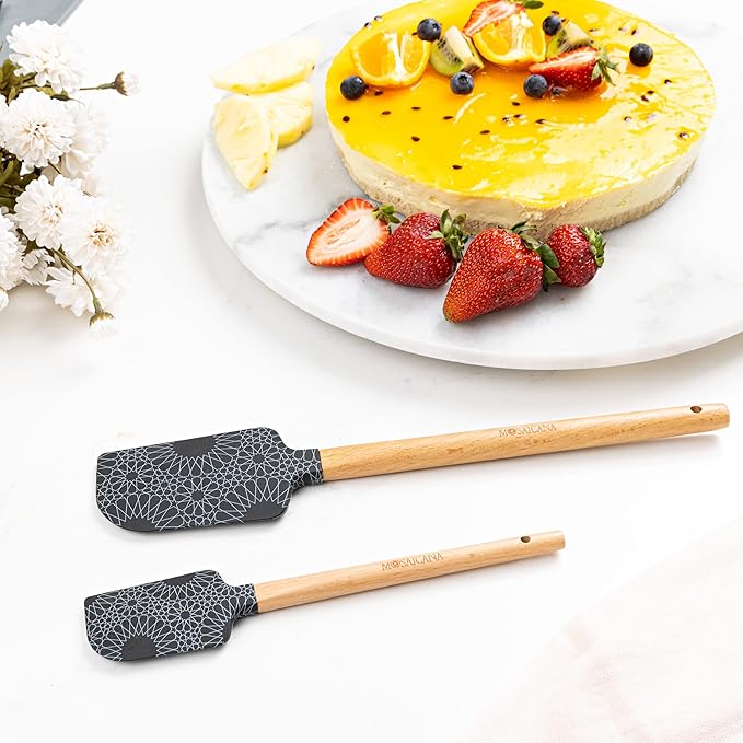 Silicone Spatula set of 2 with wooden handle and stunning pattern (Red)