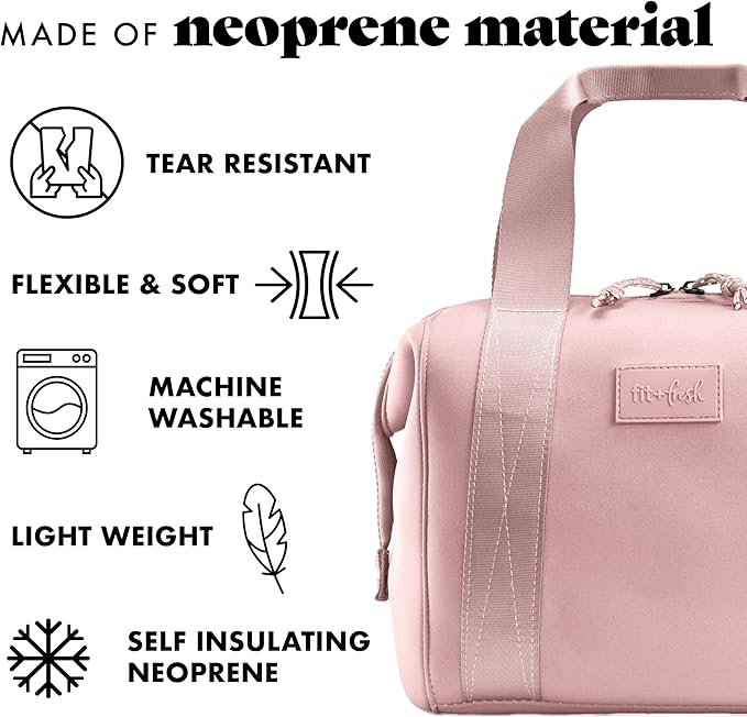 Fit & Fresh Remi Neoprene Lunch Bag For Women - Meal Prep Kit with Containers & XL Ice Pack, Self Insulating Neoprene-like Material, Machine Washable Lunch Bag, Tear-Resistant, Stain-Resistant, Mauve