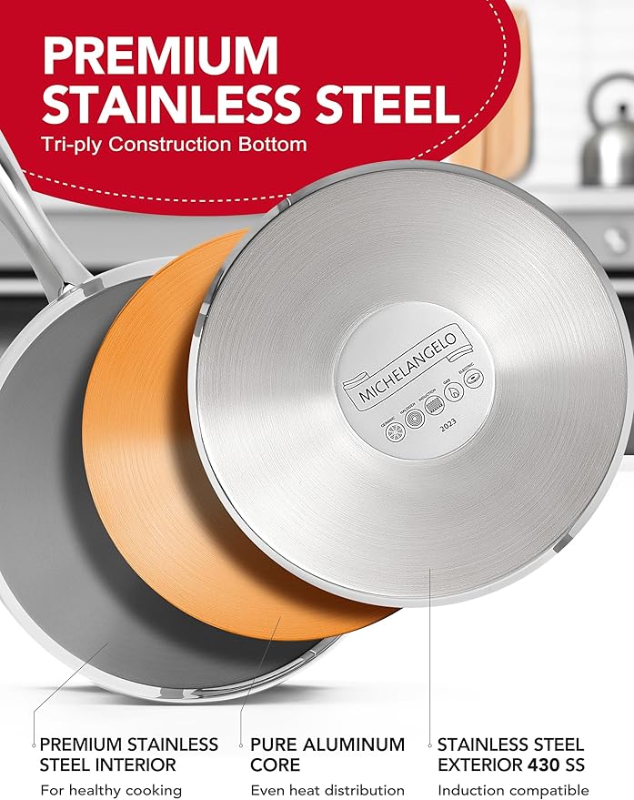 MICHELANGELO Stainless Steel Sauce Pan Set - 1, 2, 3 Qt Saucepans with Lids, Small Stainless Steel Pots for Cooking, Induction Compatible, Dishwasher & Oven Safe