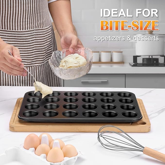 E-far 2 Pack Mini Muffin Pan - Nonstick 24-Cup Carbon Steel Cupcake Tin Tray for Little Bites & Freezer Prep | Warp-Free Bakeware Ensures Even Baking & Effortless Release, Regular Size & Oven Safe