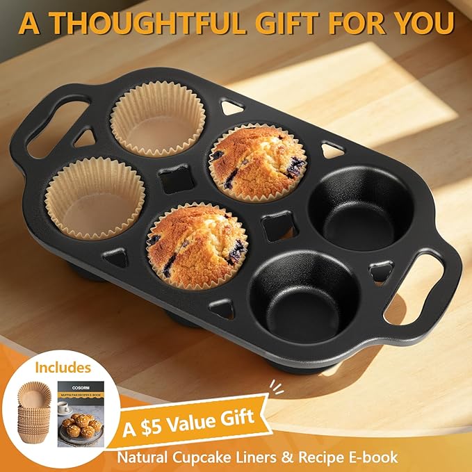 6 Cup Cast Iron Muffin Pan - Pre-Seasoned Nonstick Muffin Tin, Regular Size Cupcake Baking Pan