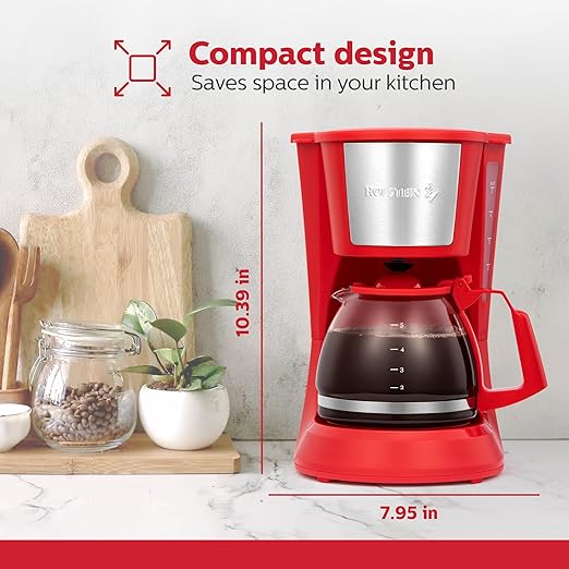 Holstein Housewares 5 Cup Drip Coffee Maker – Compact and User-Friendly with Auto Pause & Serve, Reusable Filter, Measuring Spoon & Glass Carafe, Office & Dorm Use, Red