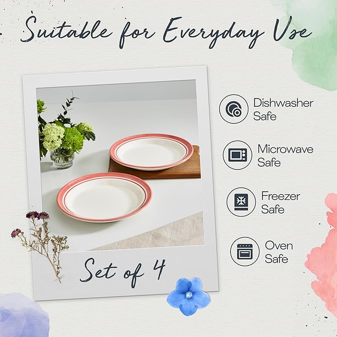 Portmeirion Potter's Striped Dinner Plate (Set of 4) - 10.5-Inch Stackable Earthenware Plates - Microwave & Dishwasher Safe, Handcrafted Dinnerware for Casual & Formal Table Settings (Red Stripe)